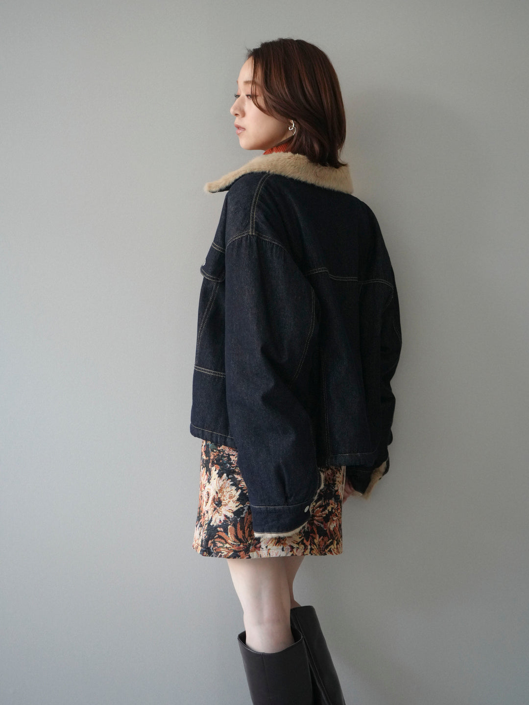 [予約]デニム×ファーステンカラーショートジャケット/indigo