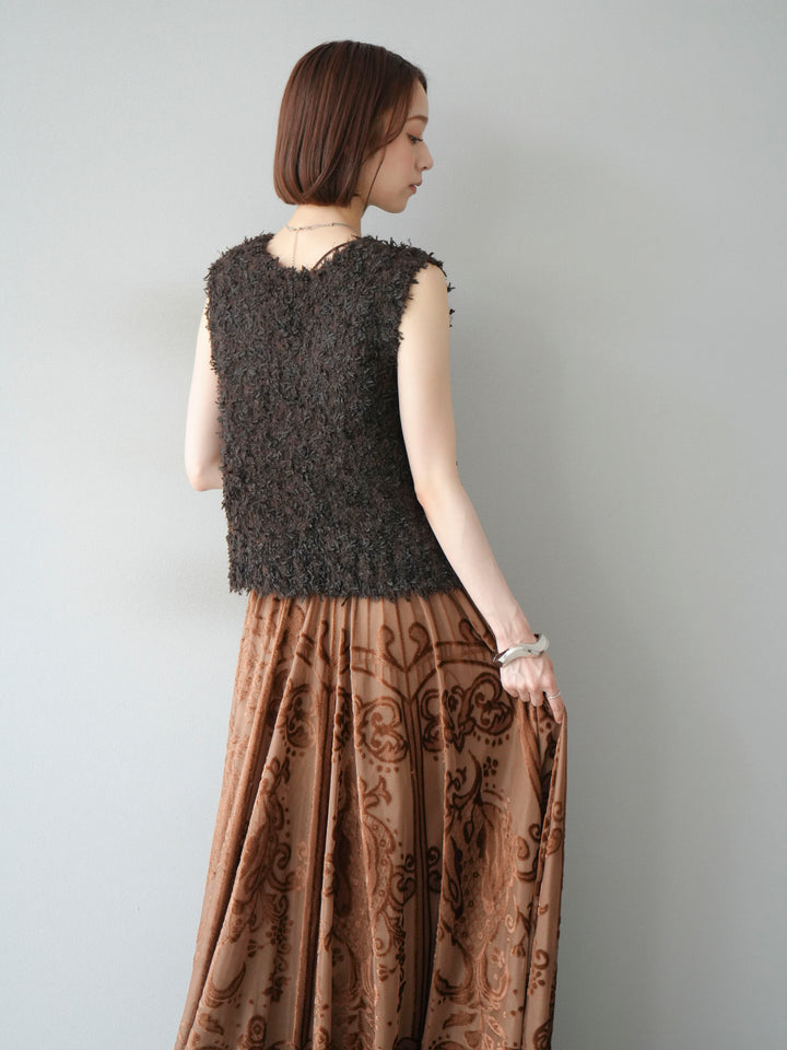 [SET]テープヤーンフリンジニットベスト+アンティーク柄フロッキーマキシスカート(2set)