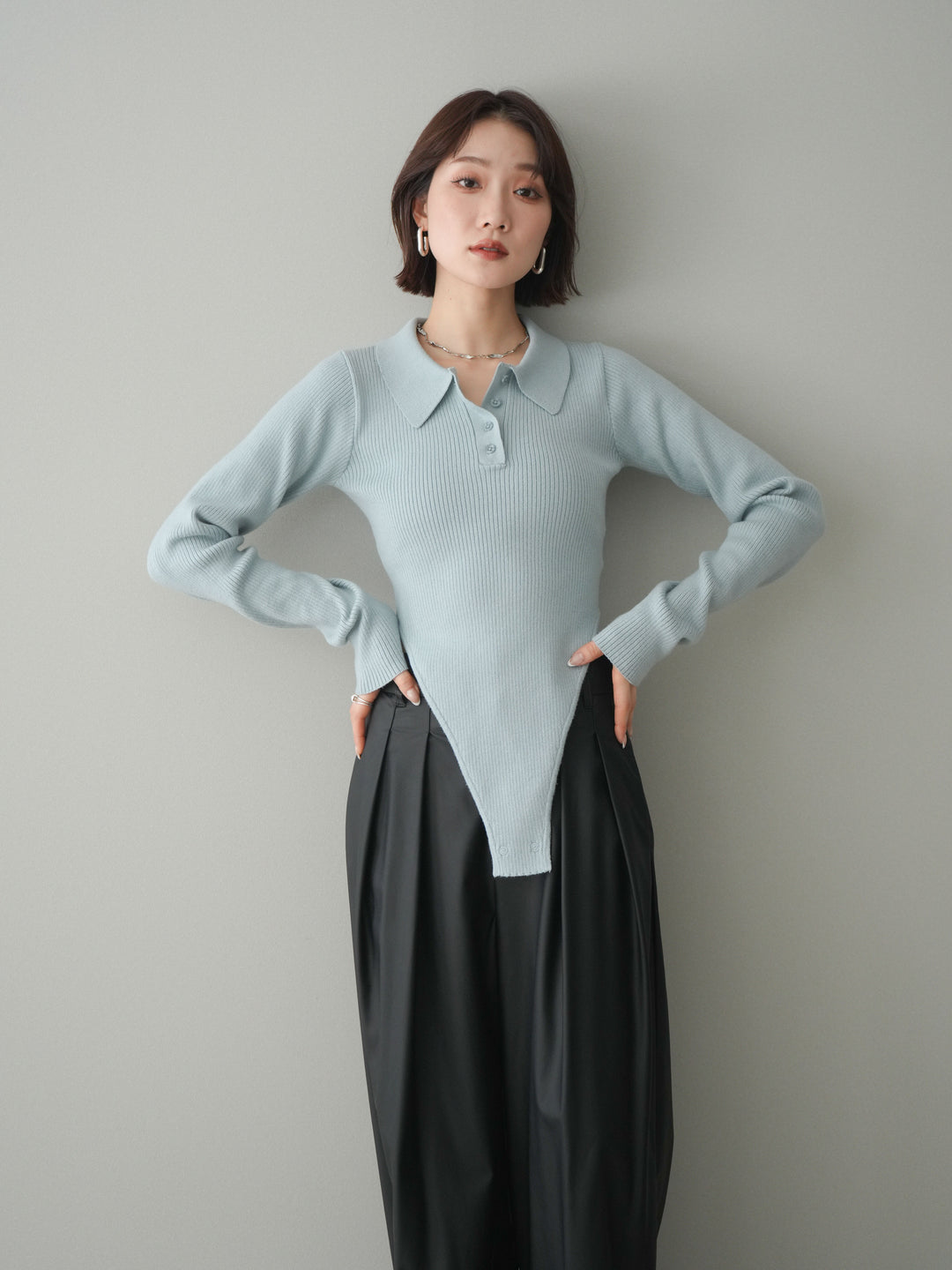 [予約]リブポロニットボディスーツ/blue