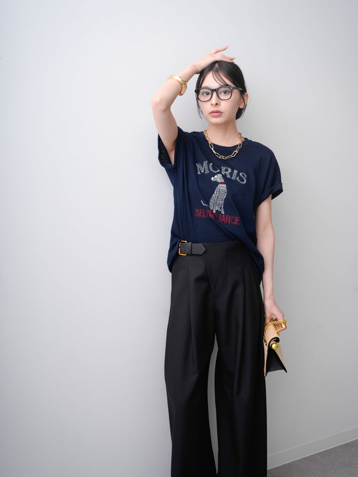 [SET]ドッグエンブロイダリーTEE+アシンメトリーベルトタックワイドパンツ(2set)