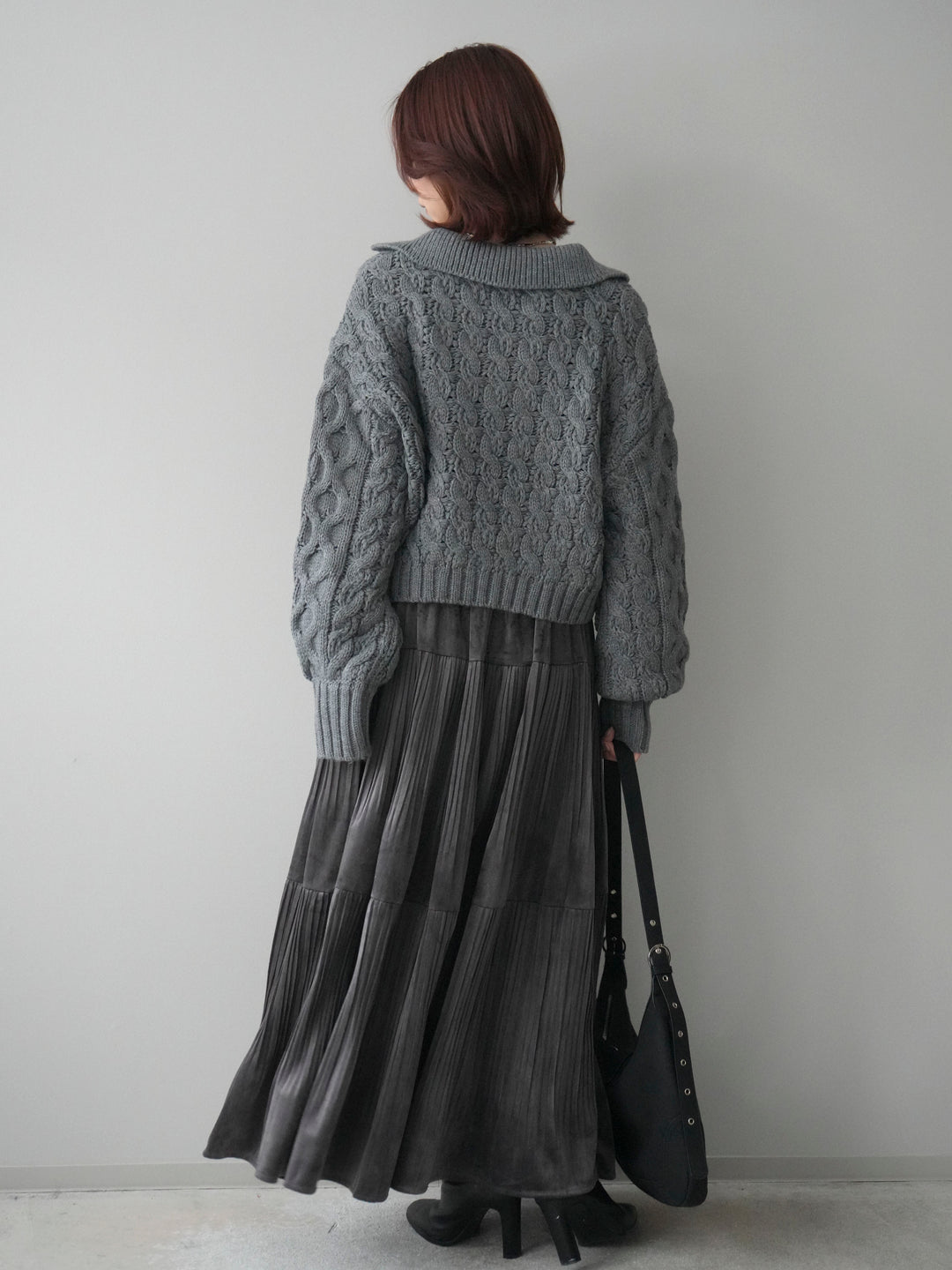 [SET]バルキーケーブルクロップド開襟プルオーバー+ベロアティアードワッシャースカート(2set)