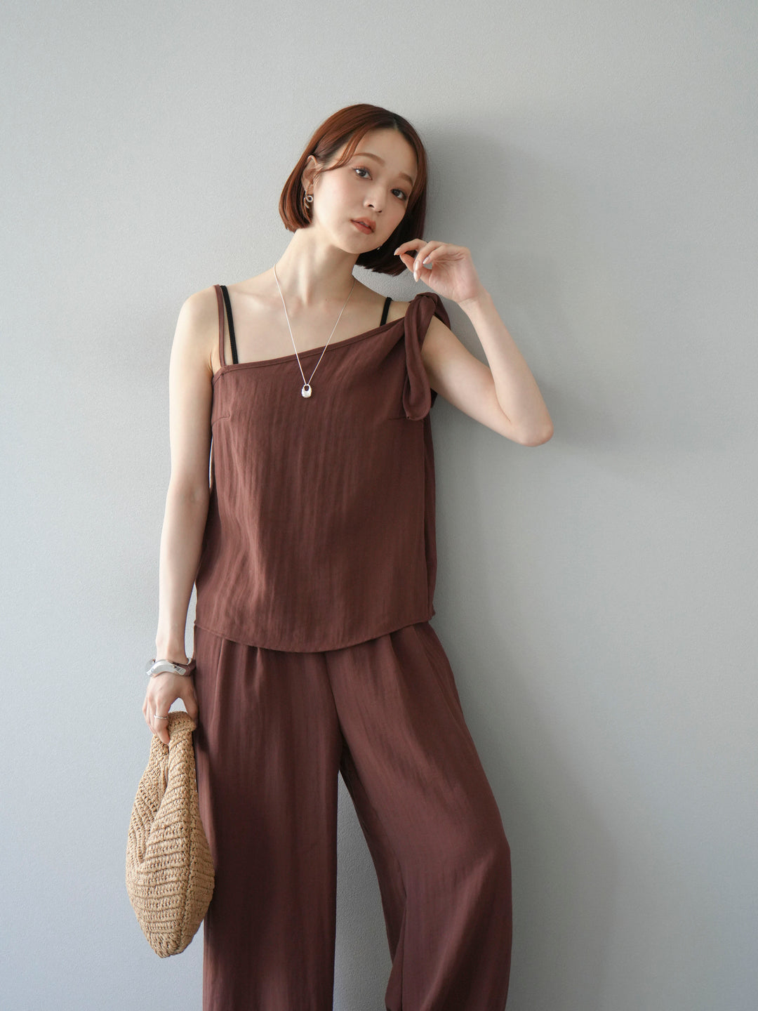 [SET]アシンメトリーショルダーデザイントップス＆ワイドパンツSET UP(2set)