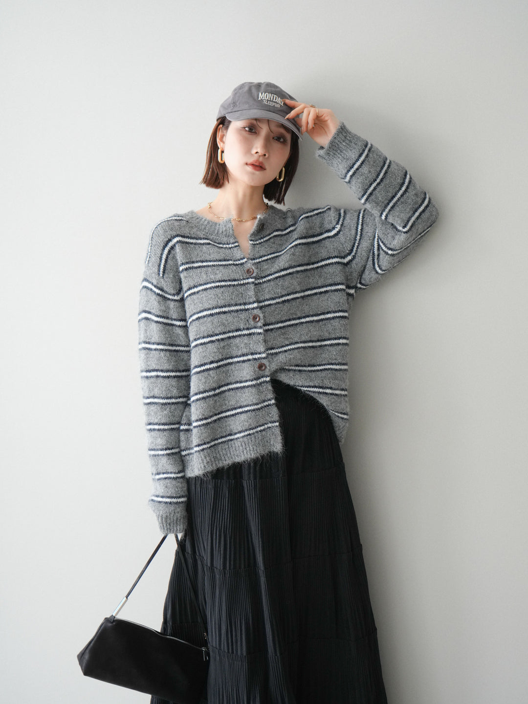 [予約]ボーダーシャギーニットカーディガン/gray