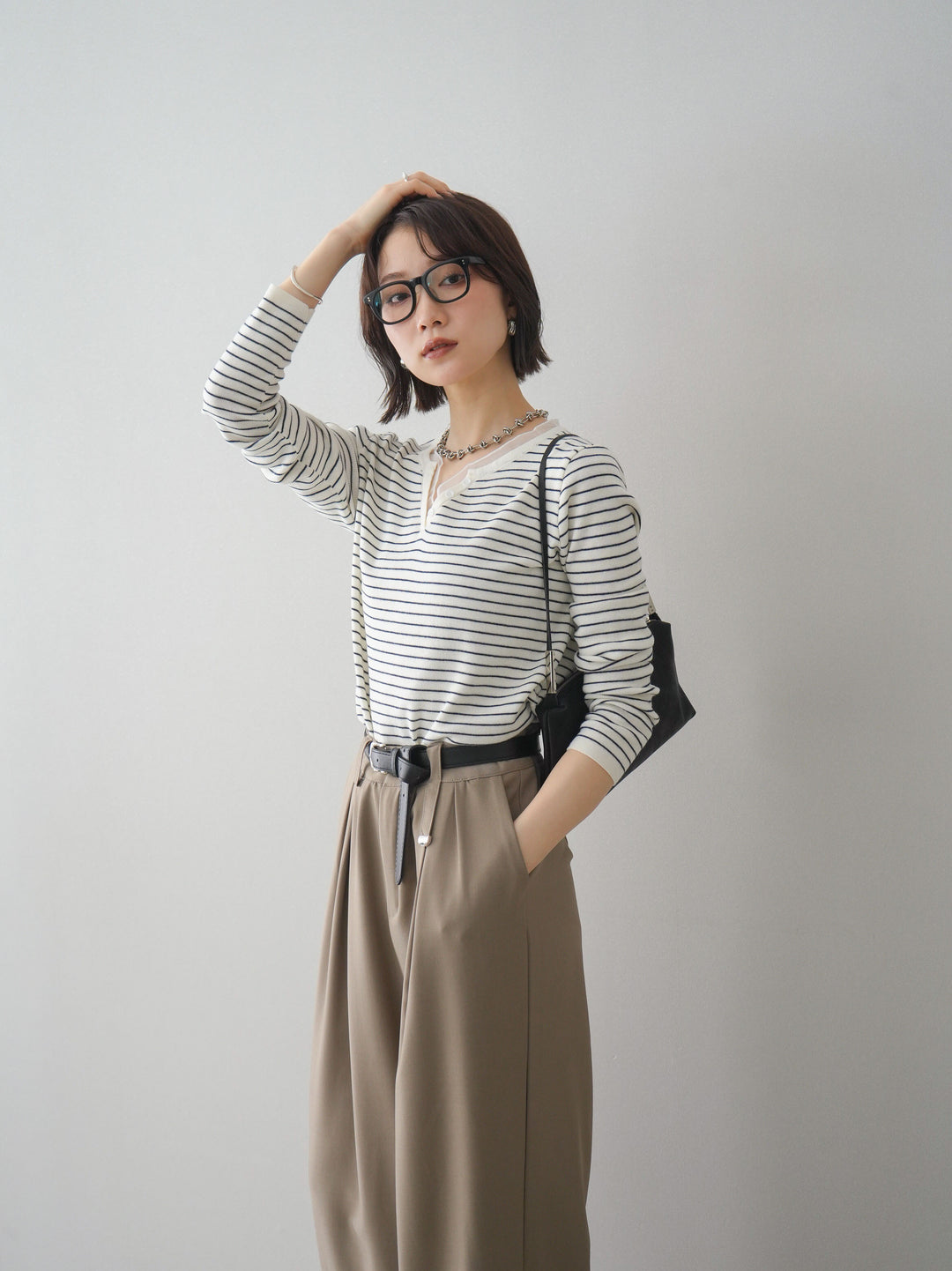 [SET]チュールレイヤードデザインボーダーニットトップス+選べるアクセセット(2set)