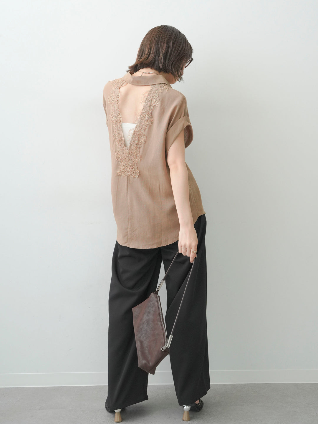 [SET]バックレースフレンチシャツ+クレープデシンタックワイドパンツ(2set)
