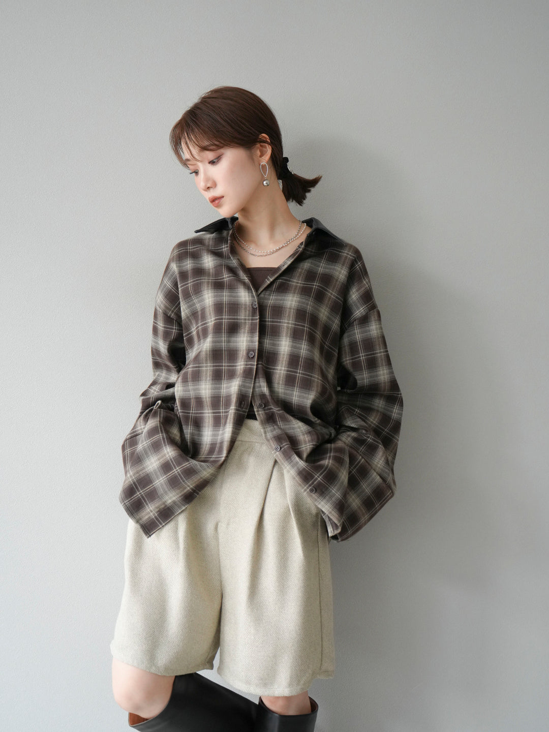 【着回しセット】[SET]レザー襟オンブレチェックオーバーシャツ +クラッシュベロアナロースカート+ツイードハーフパンツ(3set)