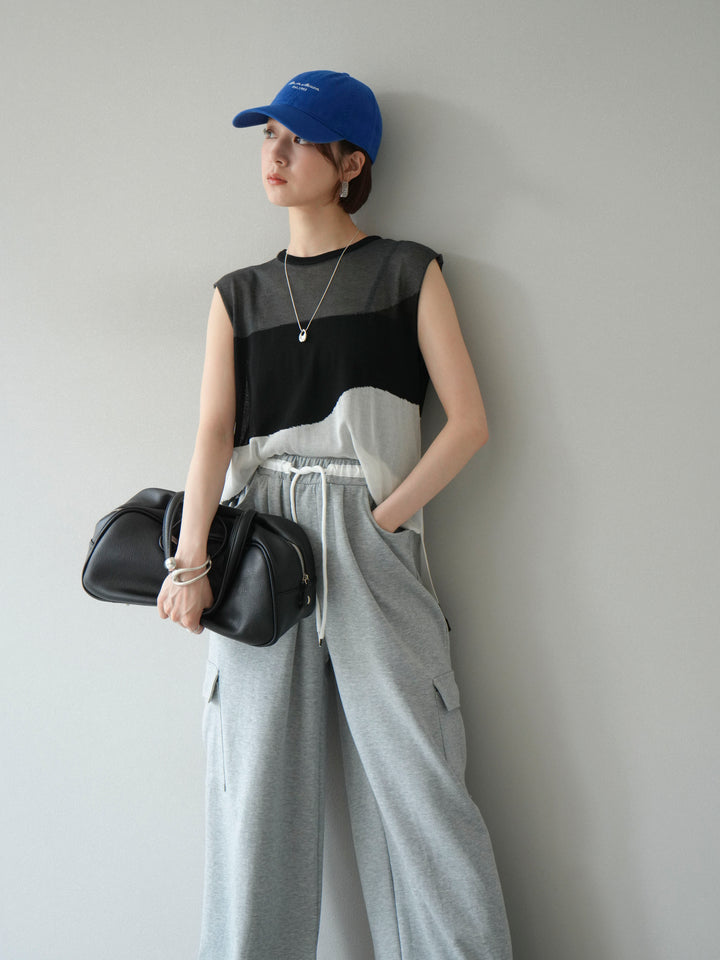 [SET]バイカラーシアーニットノースリーブ+ウエストラインサイドポケットスウェットパンツ(2set)