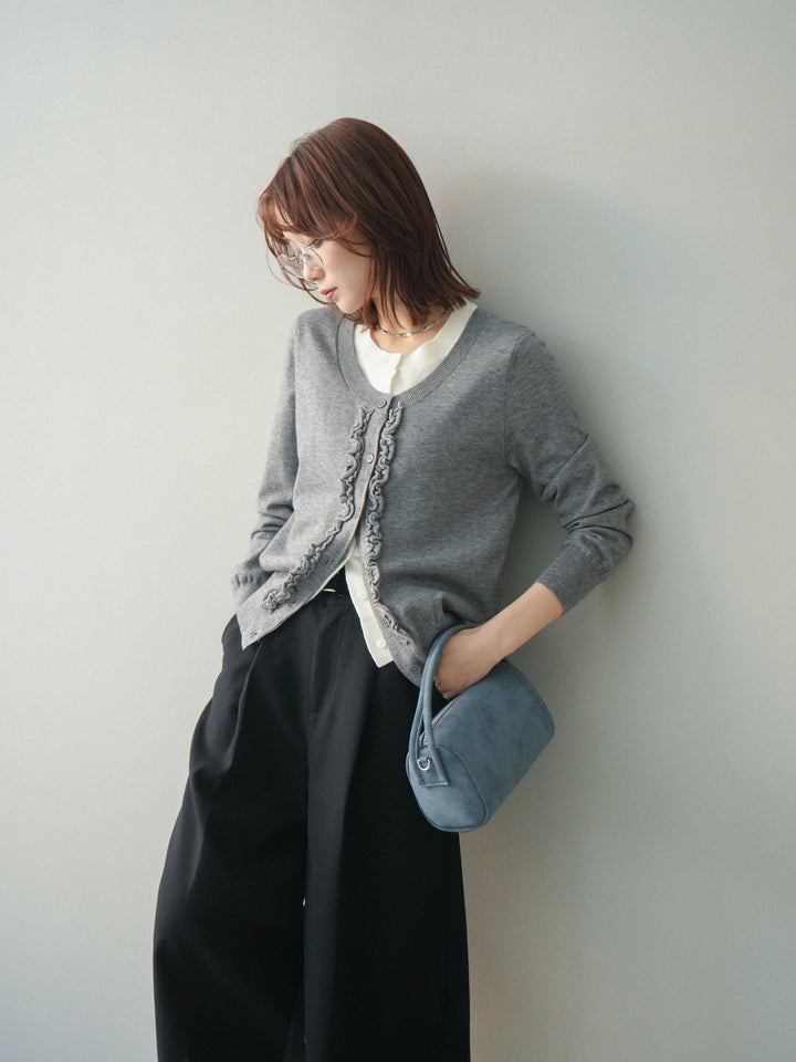 [予約]配色レイヤードフリルデザインニットカーディガン/gray
