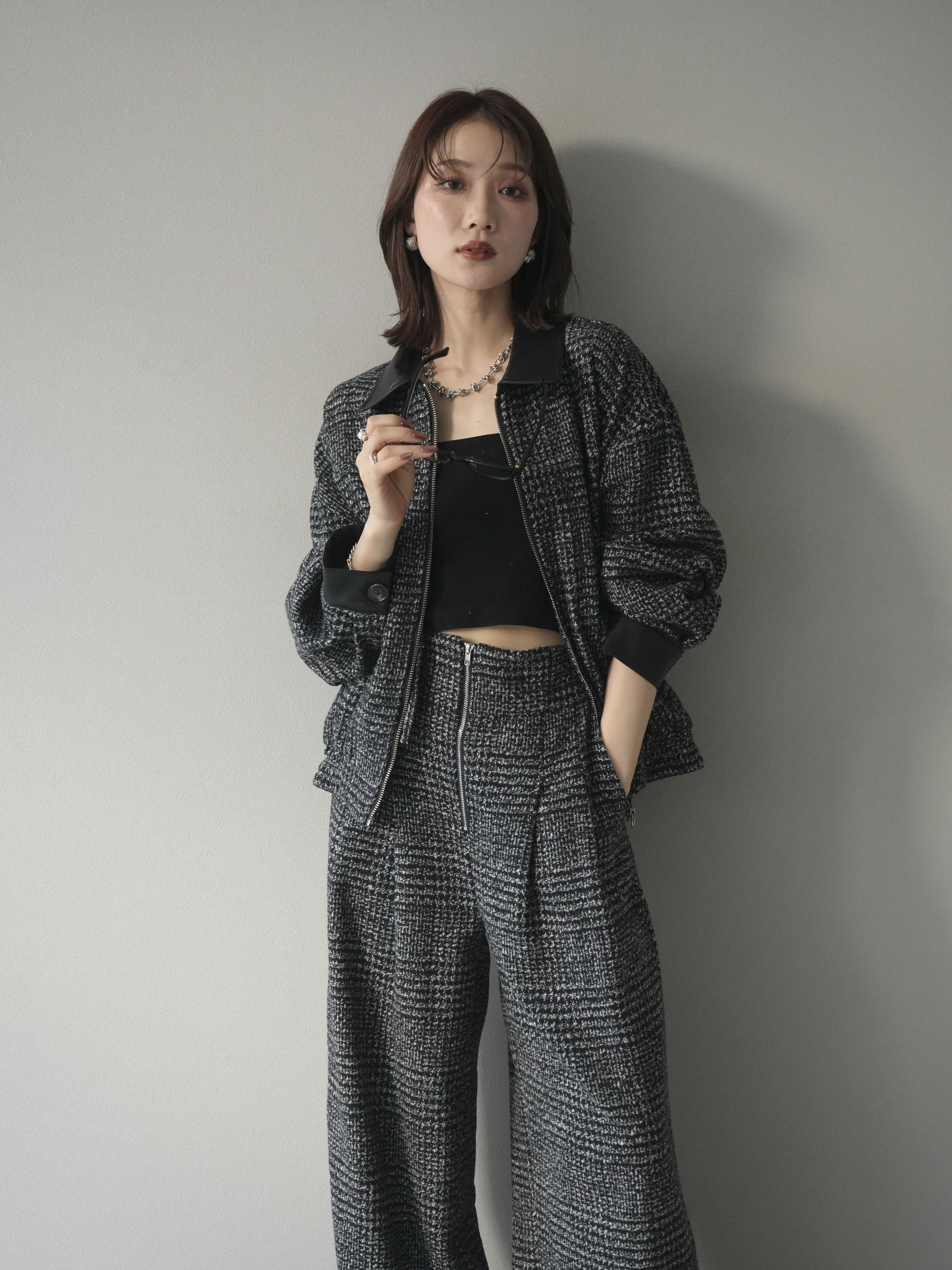 予約]レザー襟ミックスツイードジャケット/black – Lumier