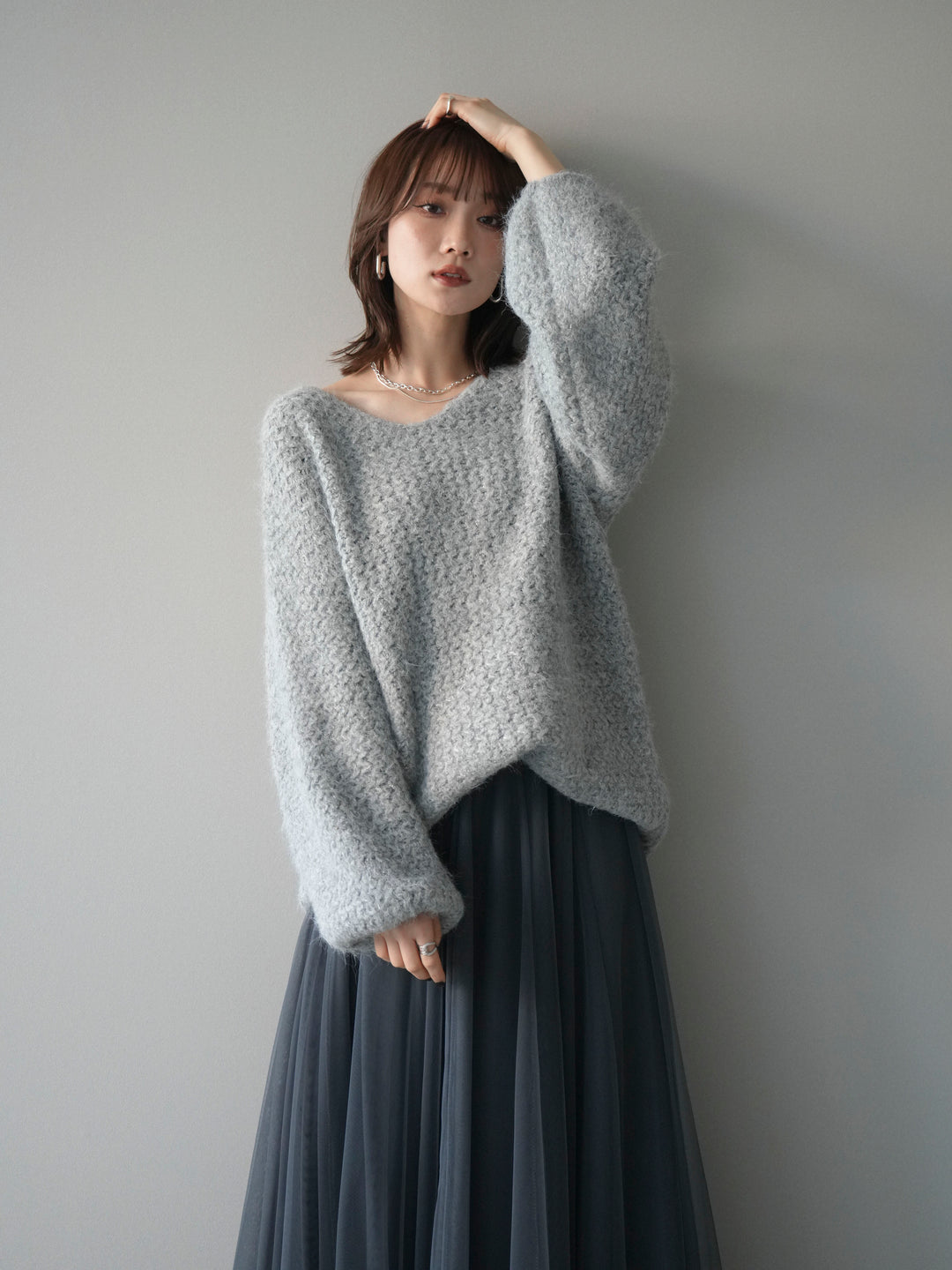 [予約]ウールタッチラメミックスヤーンVネックニットプルオーバー/lightgray