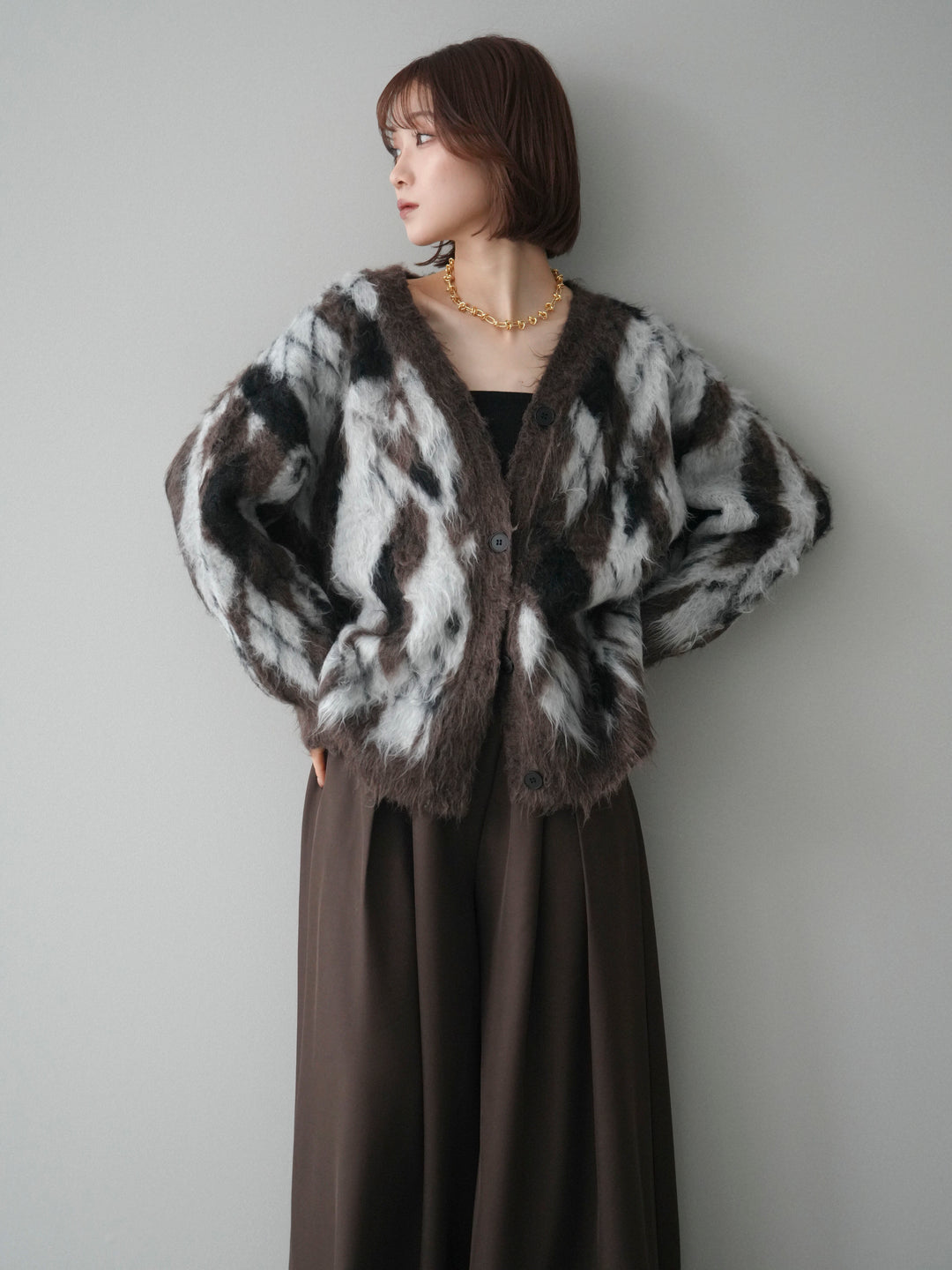 [予約]アーガイル柄シャギーニットカーディガン/brown