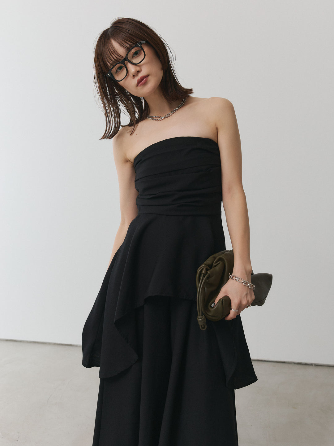 [SET]ぺプラムベアトップス＆ワイドパンツSET UP/ブラック