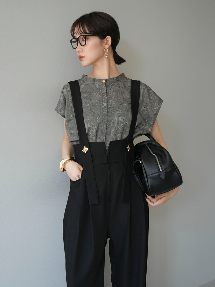 [予約]ペイズリープリントゴールドボタンブラウス/グレー