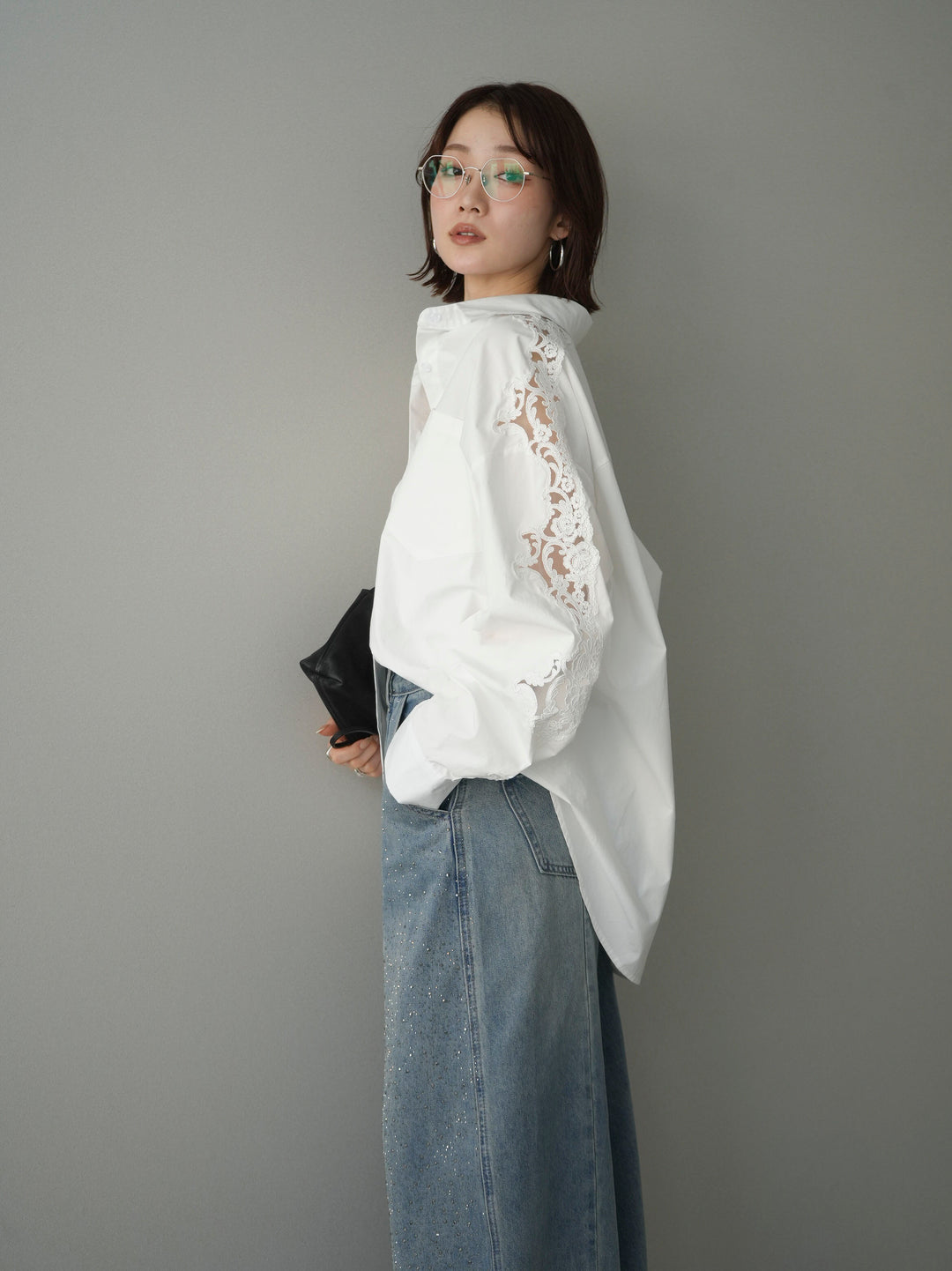 [SET]アームレースブロードシャツ+フロントビジューカーブデニムパンツ(2set)