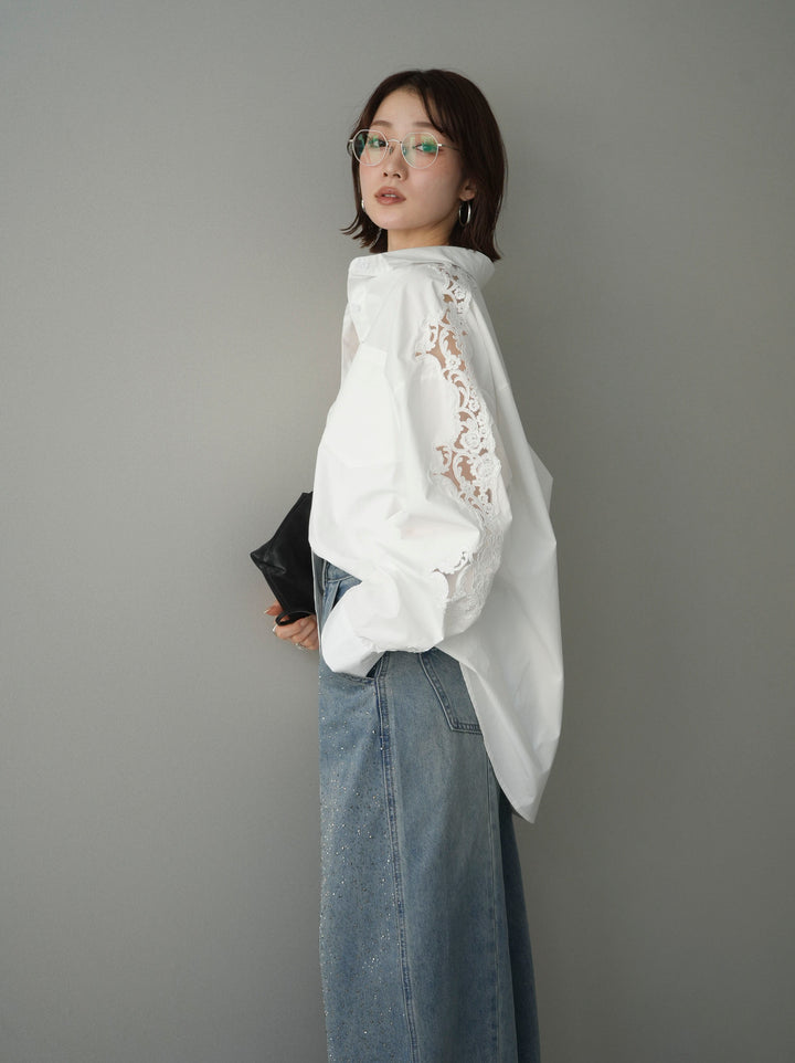[SET]アームレースブロードシャツ+フロントビジューカーブデニムパンツ(2set)