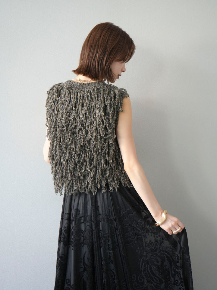 [SET]フリンジループニットベスト+アンティーク柄フロッキーマキシスカート(2set)