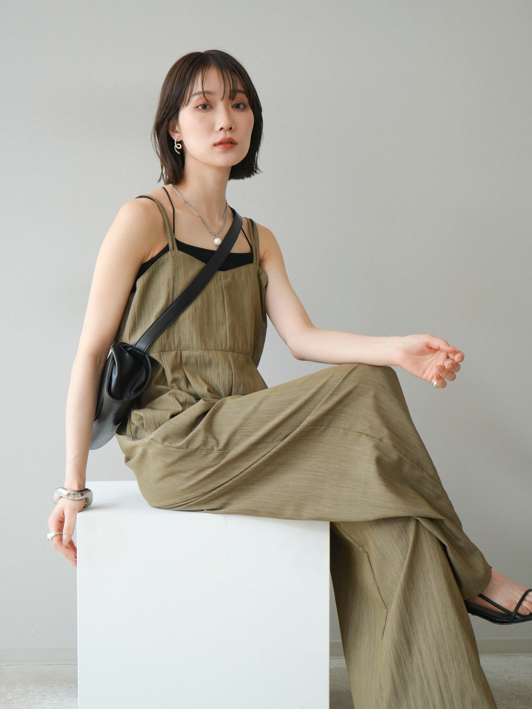 [予約]リネンライクビスチェデザインサロペット/グレージュ