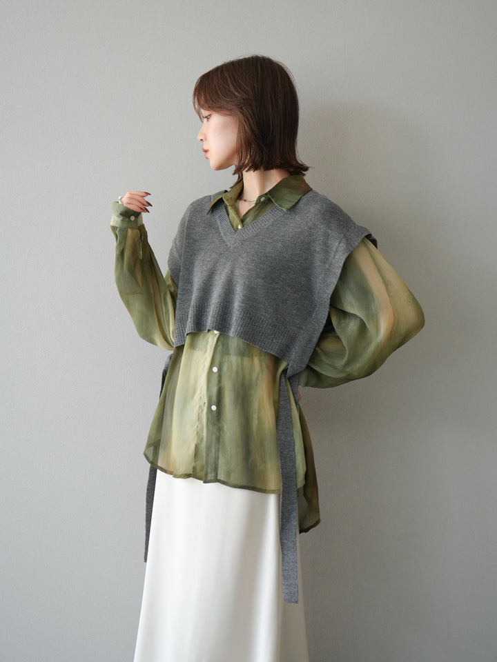 [予約]サイドリボンVネックショートニットベスト/チャコール