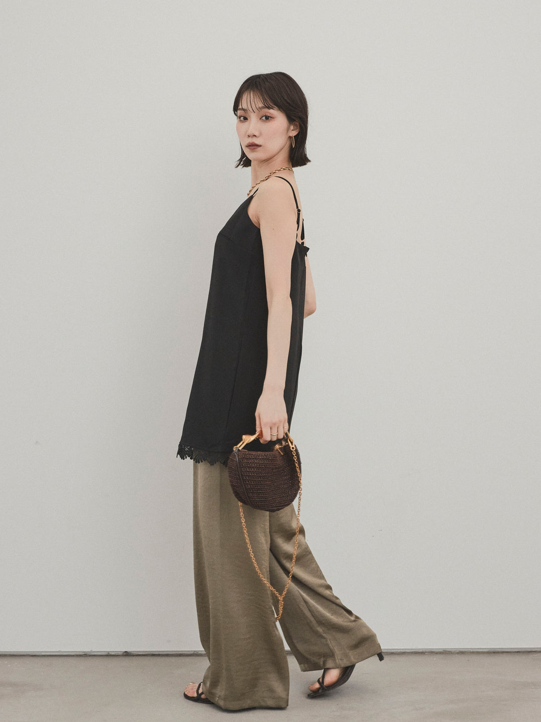 [SET]裾レース切替キャミミニワンピース+サテンイージーパンツ(2set)