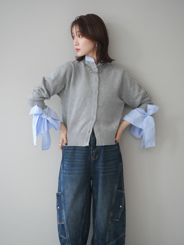 [予約]ウールライクリボンシャツカーディガン/gray