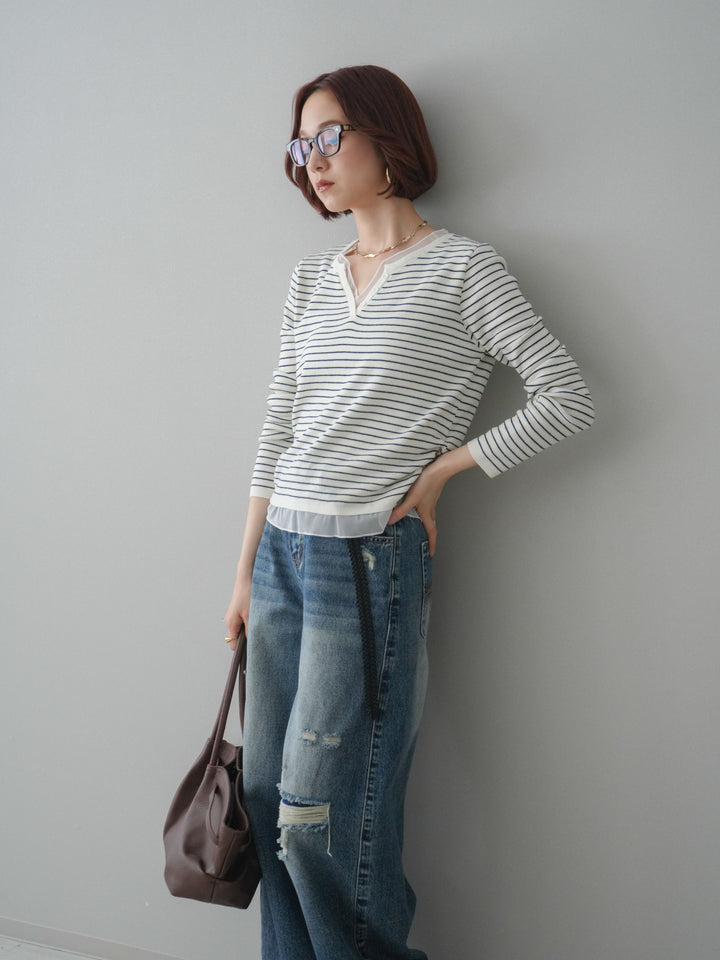 [SET]チュールレイヤードデザインボーダーニットトップス+ダメージデニムセミワイドパンツ(2set)