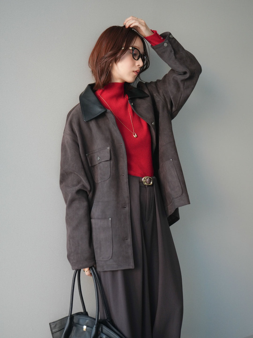 [SET]襟レザーステンカラースエードジャケット+袖ボタンボトルネックリブニットトップス+ベルトループデザインワイドパンツ(3set)