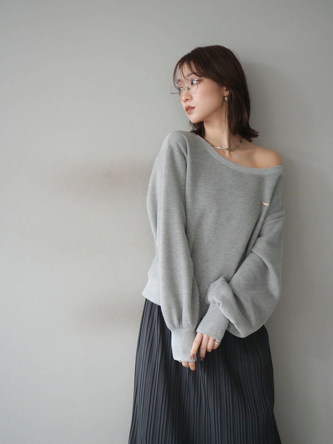 [予約]プレート付裏起毛ワンショルプルオーバー/mixgray