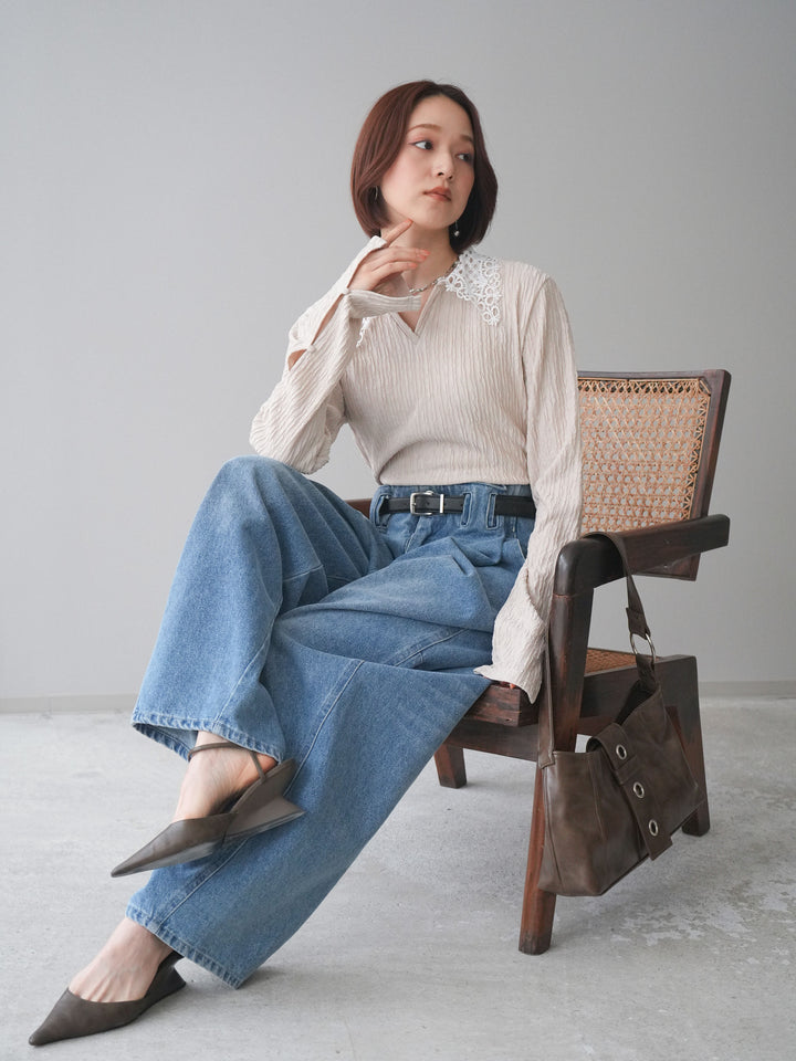 [SET]袖スリットレースカラートップス+ハイウエストベルトループデザインデニムパンツ(2set)