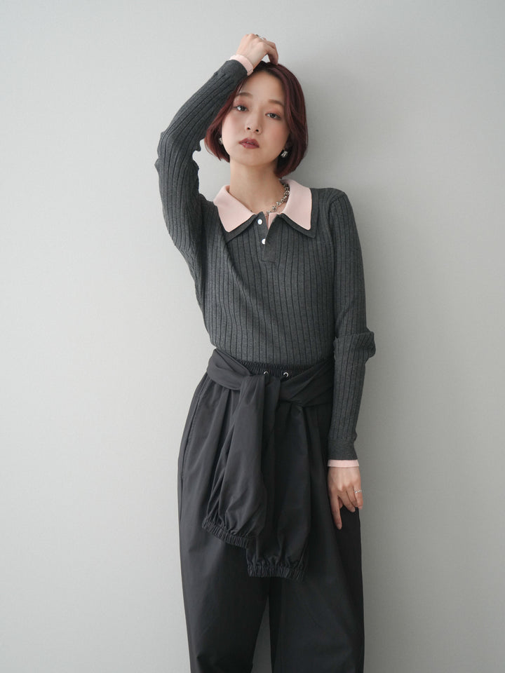 [SET]ダブル襟ポロリブニットトップス+ダブル襟ポロリブニットトップス(2set)