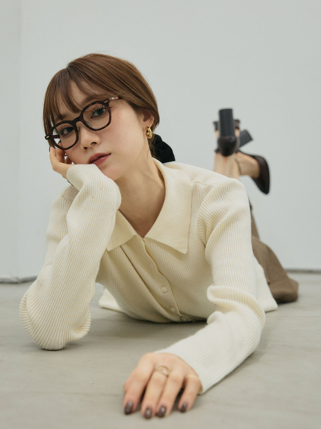 【Allure】[SET]くるみボタンポロリブニットトップス+モックスカルゼサイドタックコクーンパンツ(2set)