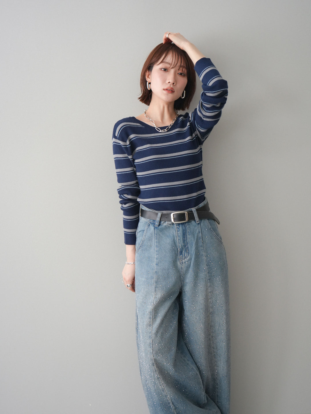 [予約]バックオープンテレコリブマルチボーダートップス/navy