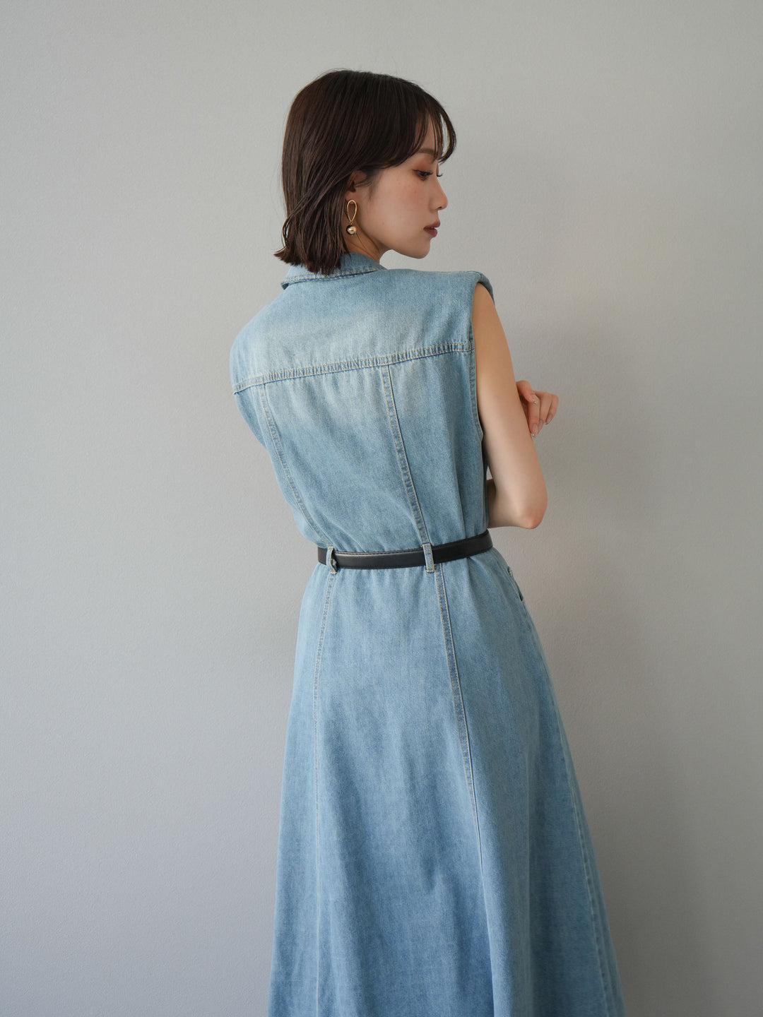 [予約]ベルト付デニムシャツデザインワンピース/ライトブルー