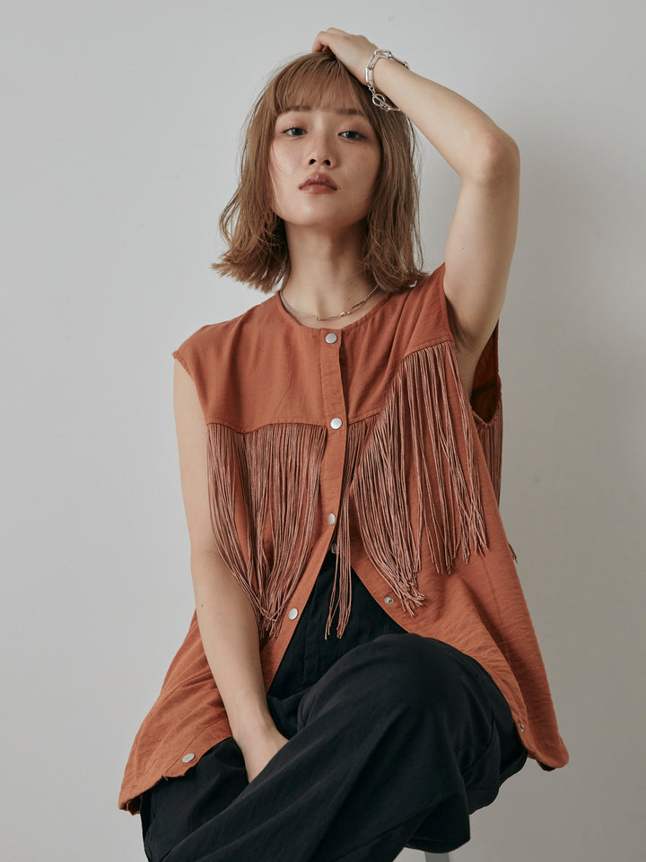 【預購】流蘇無袖上衣/摩卡色