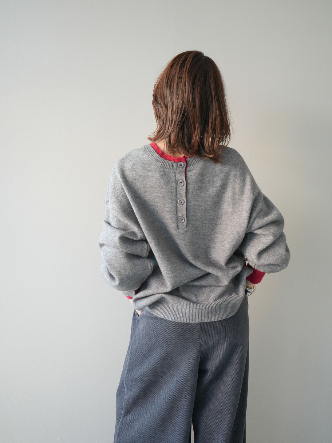 [予約]ヘンリーネック配色レイヤードニットプルオーバー/middlegray
