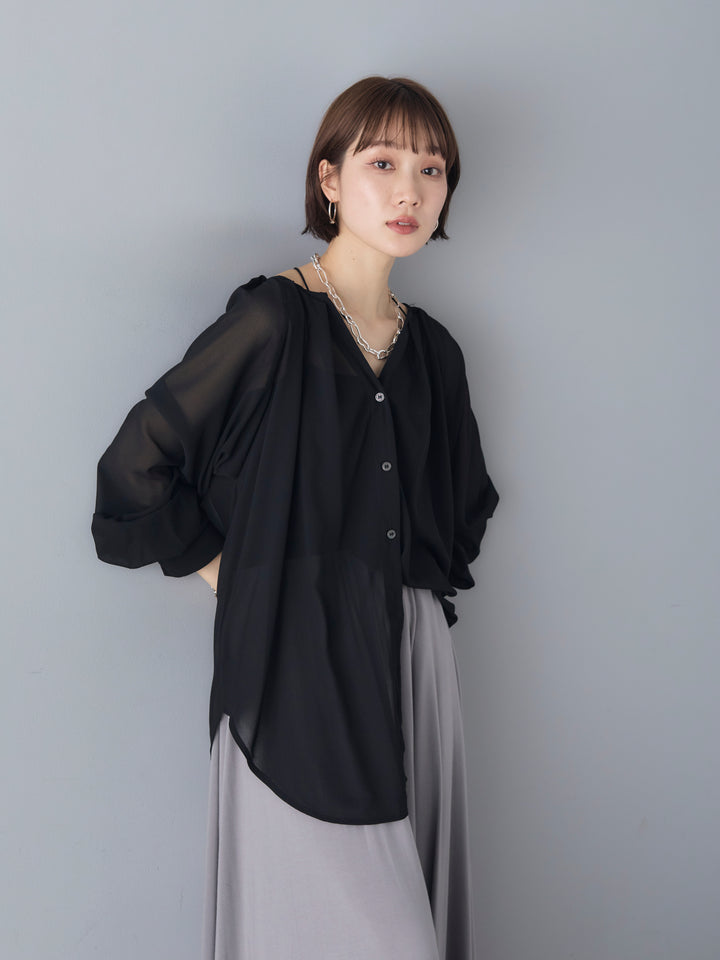 [Pre-order] Sheer No-Collar 2-Way LS Blouse/Black