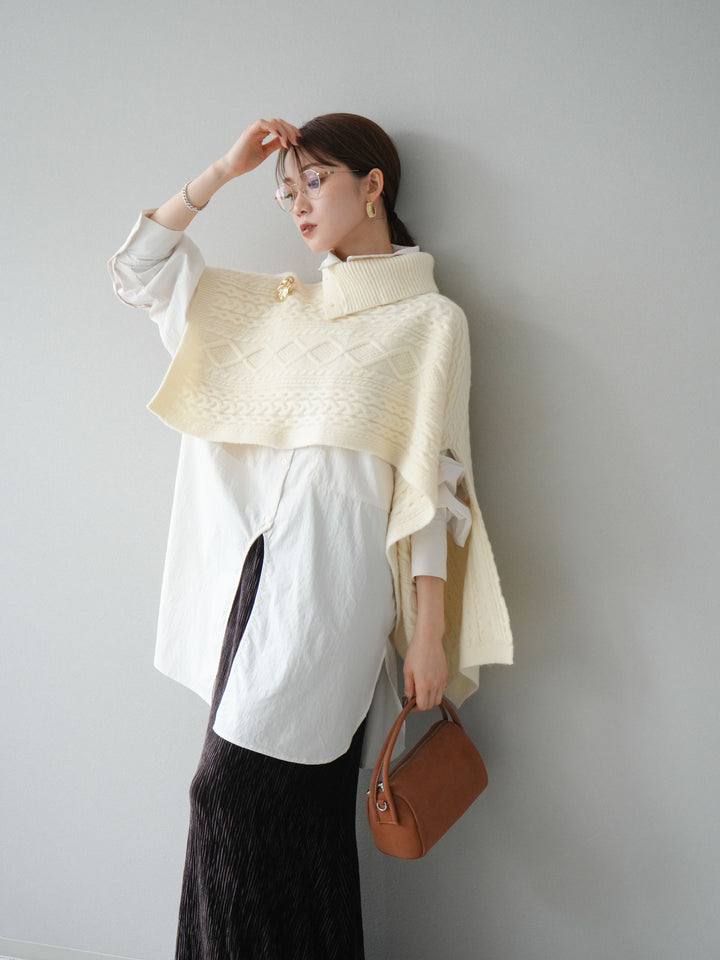 [予約]ケーブル編みニットケープ/ホワイト