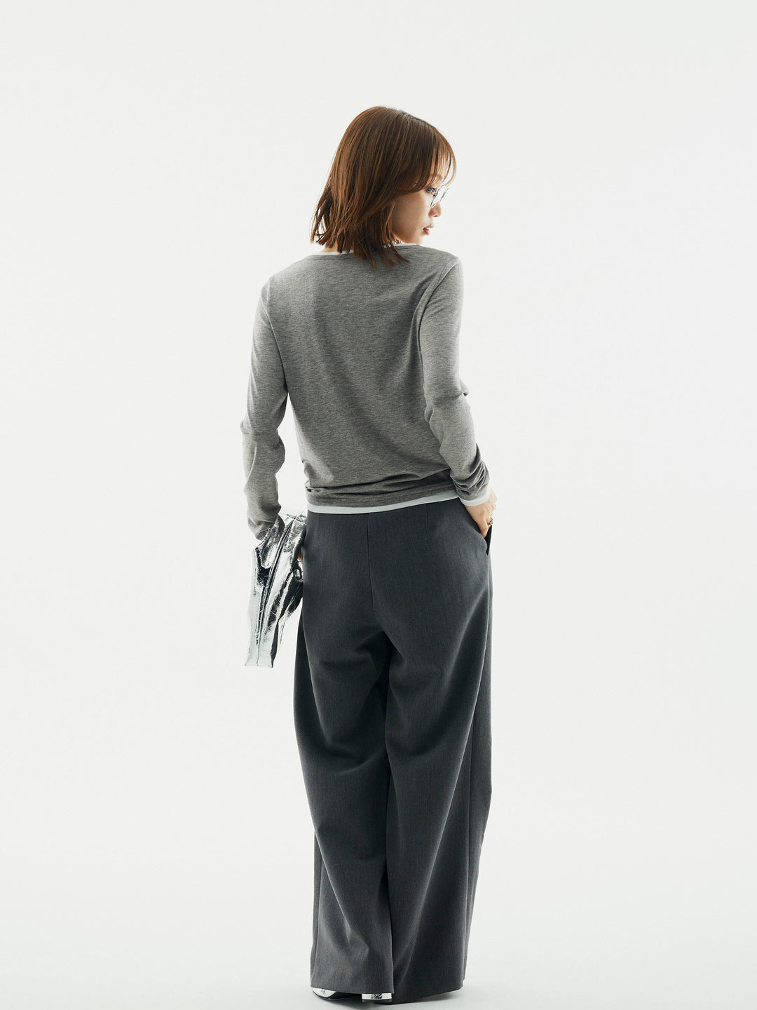 【Allure】[SET]配色レイヤードヘンリーネックトップス+ラップデザインタックワイドパンツ(2set)