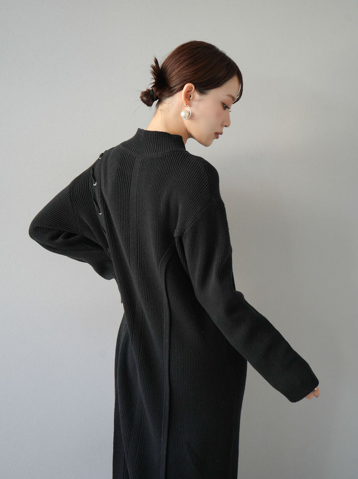 [SET] 不對稱繫帶高領針織連身裙 + 可選飾品套裝 (2套)