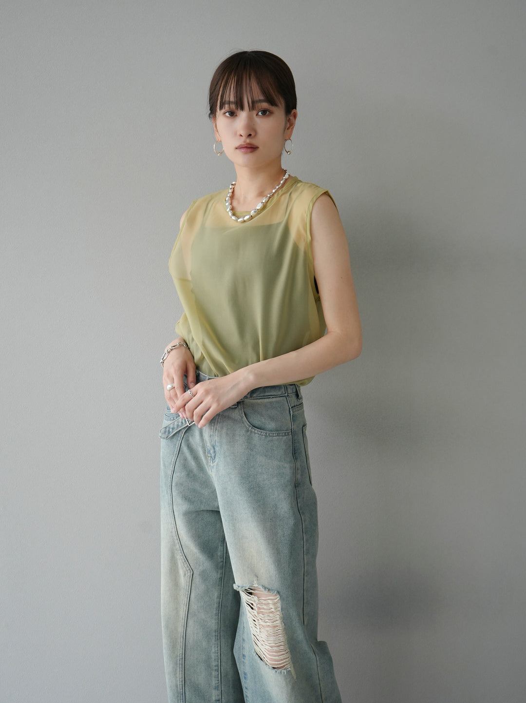 [SET] Organdy sleeveless top + belt asymmetrical damaged denim (2set)