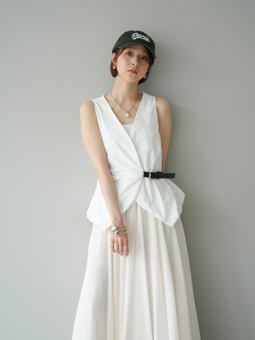 [SET]ベルトデザインバルーンブラウス+シフォンフレアスカート(2set)