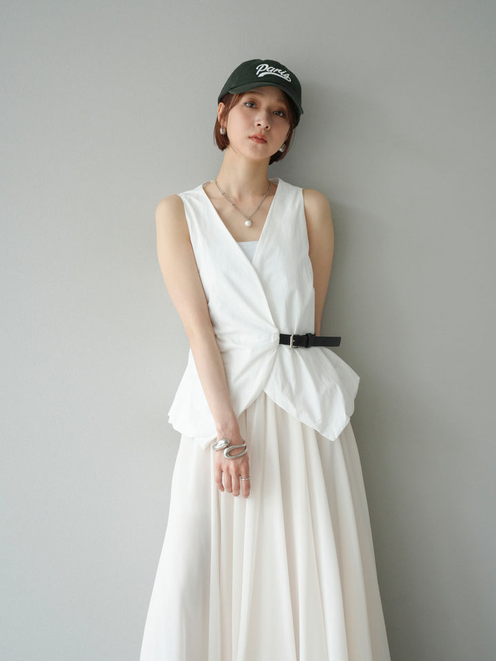 [SET]ベルトデザインバルーンブラウス+シフォンフレアスカート(2set)