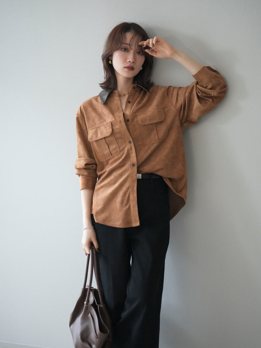 [予約]レザー襟スエードシャツ/camel