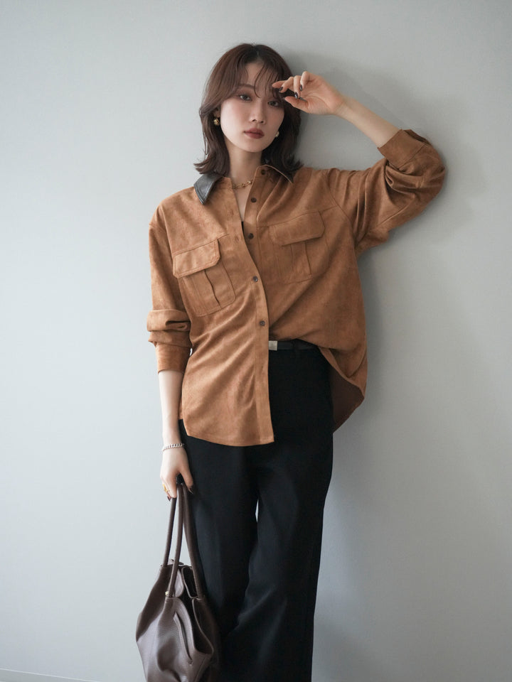 [予約]レザー襟スエードシャツ/camel