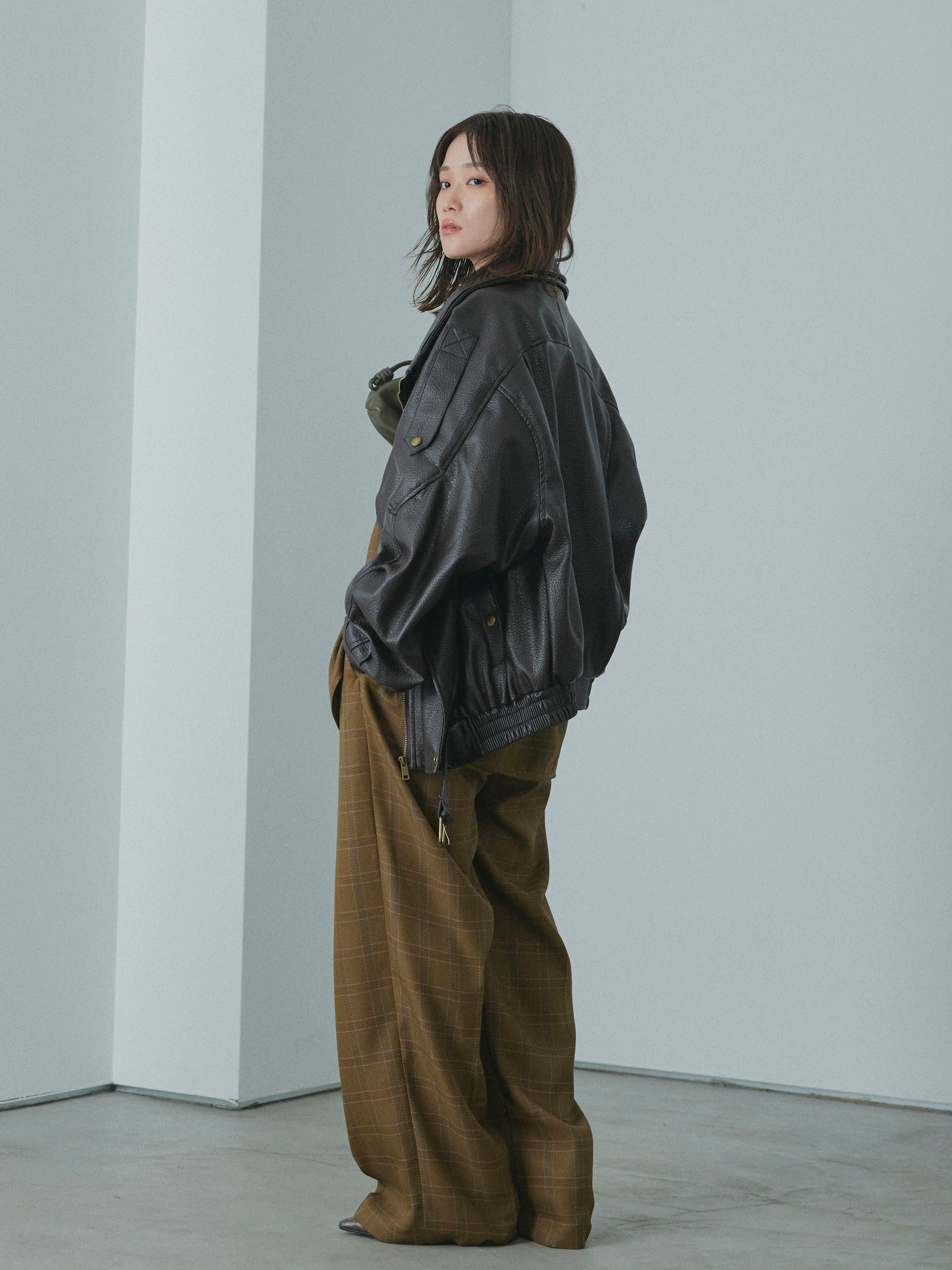 Allure】[SET]スタンドカラーレザーブルゾン+杢チェックZIPシャツ