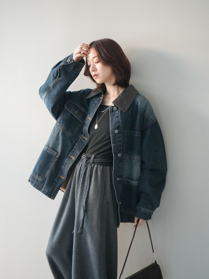 [SET]裏地ファーデニムフライトジャケット+編み込みベルト付きウエスト配色スエットパンツ(2set)