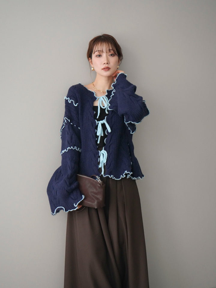 [予約]フロントリボン配色メローニットカーディガン/navy
