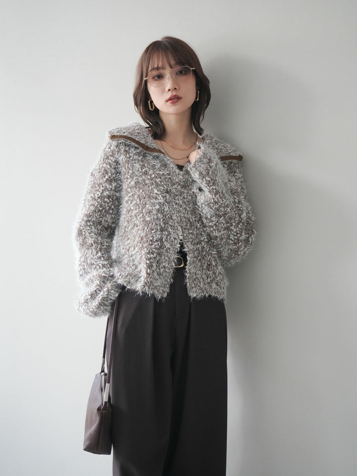 [予約]ミックスシャギージップニットカーディガン/brown