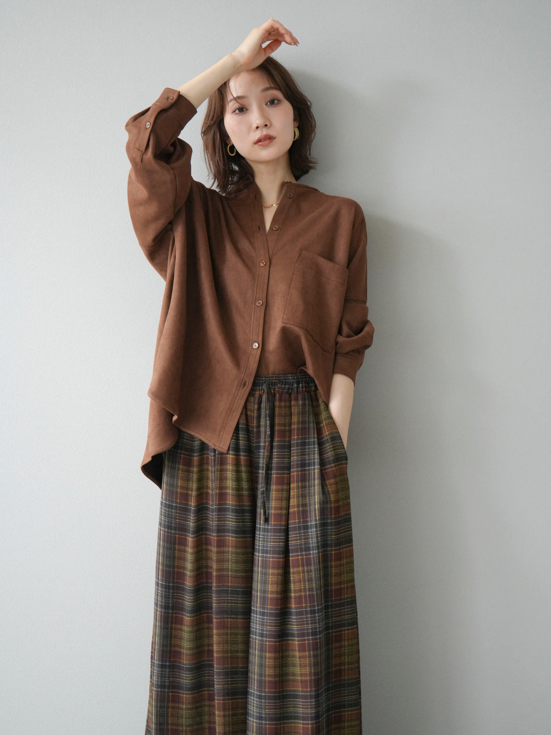 [SET]スエードバンドカラーオーバーシャツ+シアーチェックバギーパンツ(2set)