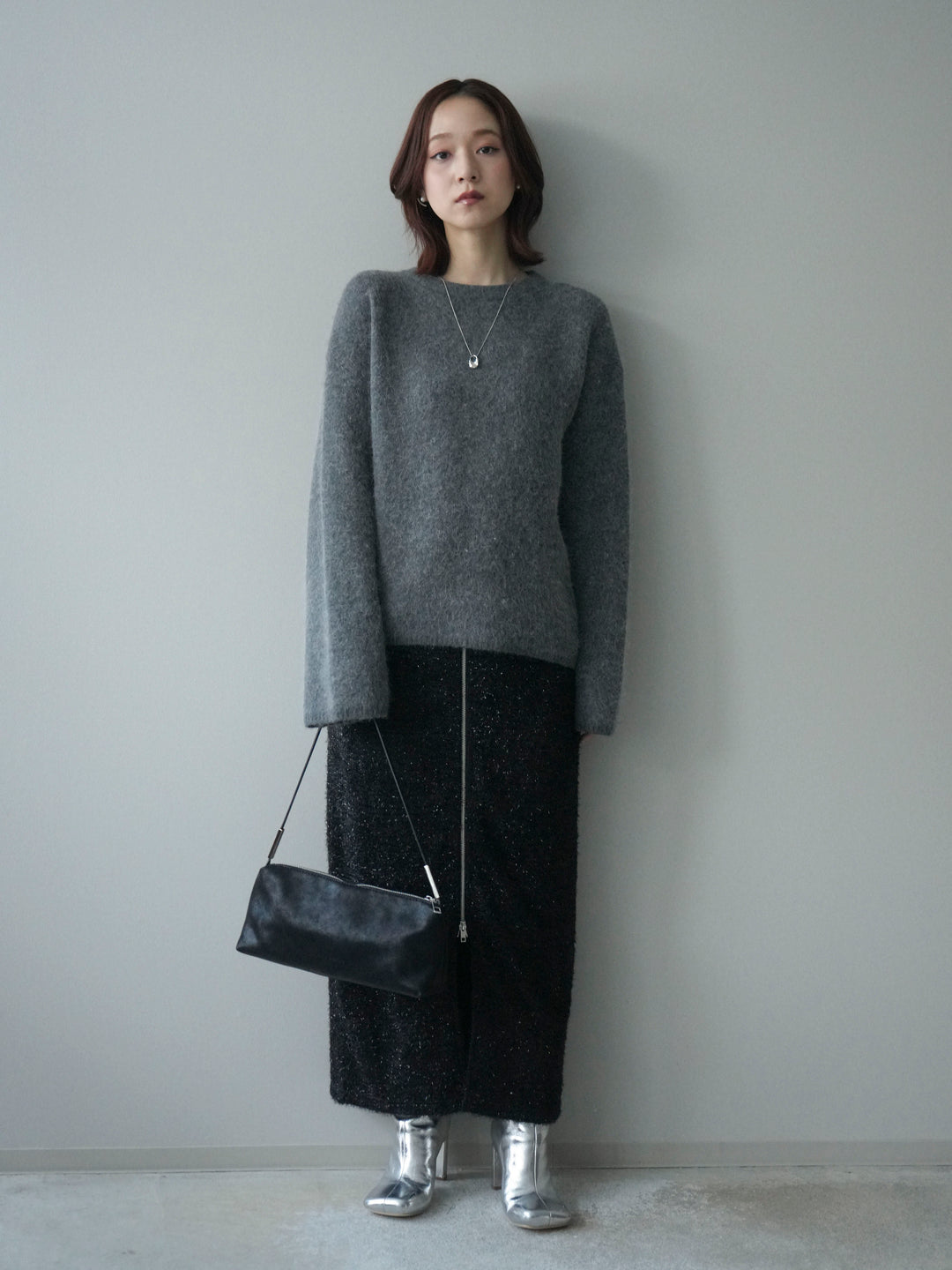 [SET]アンゴラタッチクルーネックニットプルオーバー+ラメシャギーフロントジップスカート(2set)