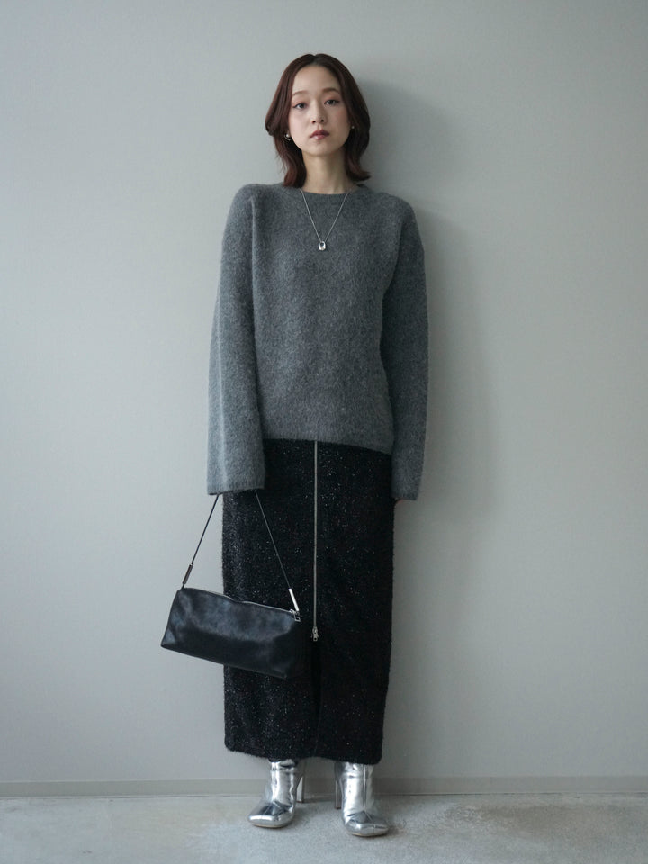 [SET]アンゴラタッチクルーネックニットプルオーバー+ラメシャギーフロントジップスカート(2set)